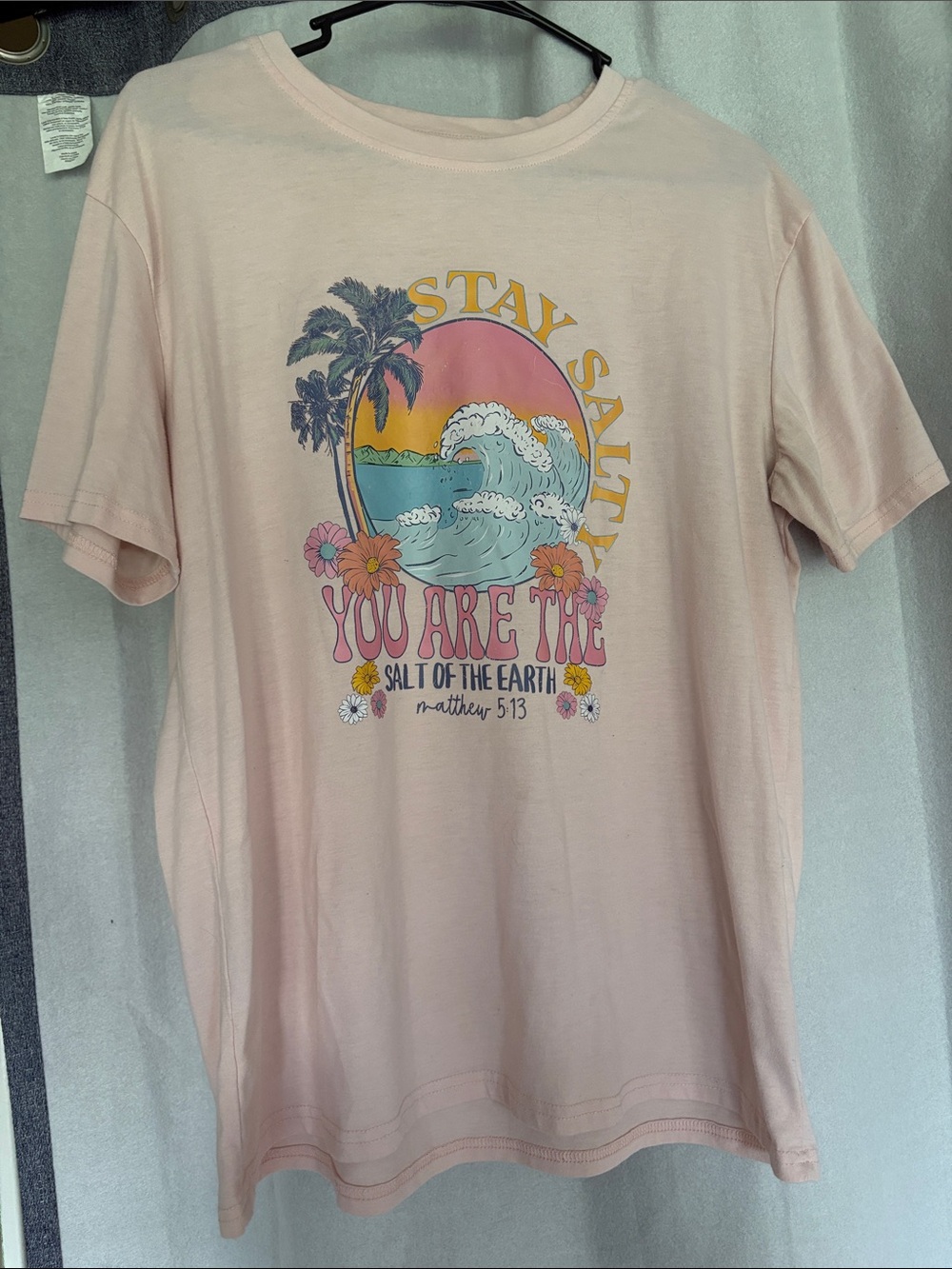 Stay Salty Graphic Tee — Pastel Pink Beach Print